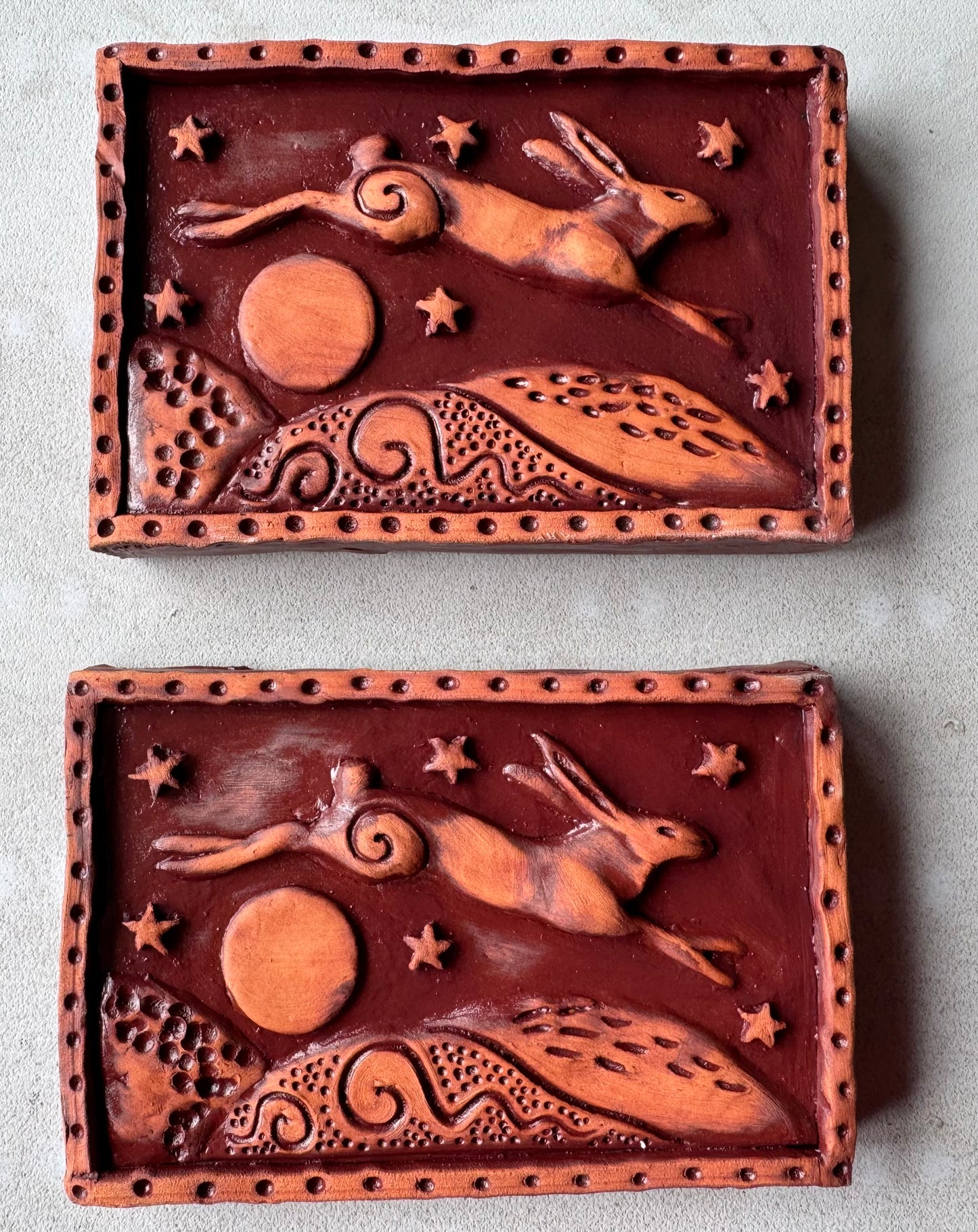 Terracotta Leaping Hare Wall Plaque with oxides