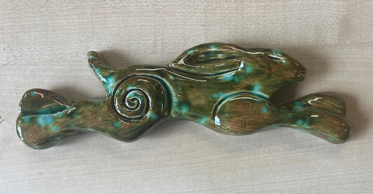 Large Leaping Hare Wall Plaque Forest glaze
