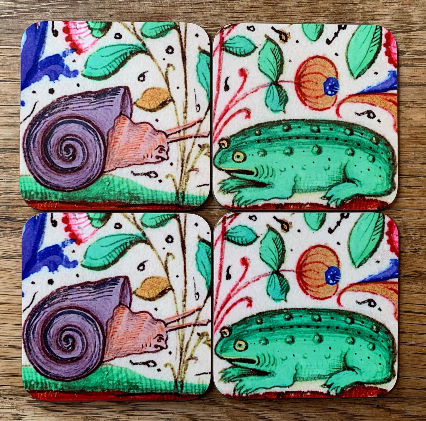 Medieval Angry Snail vs Terrified Toad coasters - set of 4