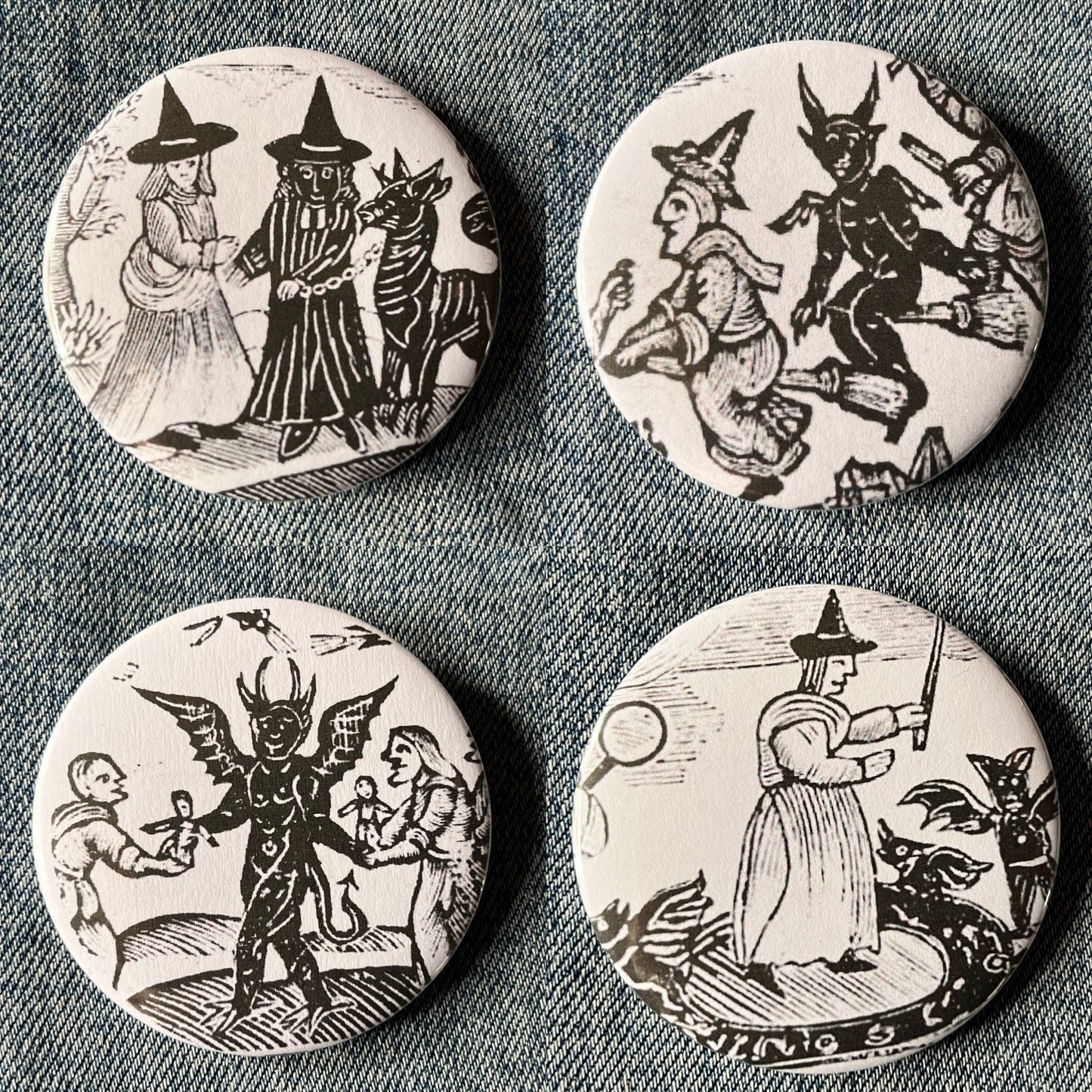 Woodcut Witches Button Badges 32mm - Choose from 4 designs