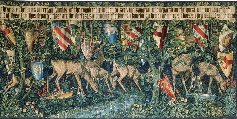 Quest for the Holy Grail Mug - (verdure with deer and shields tapestry by William Morris)