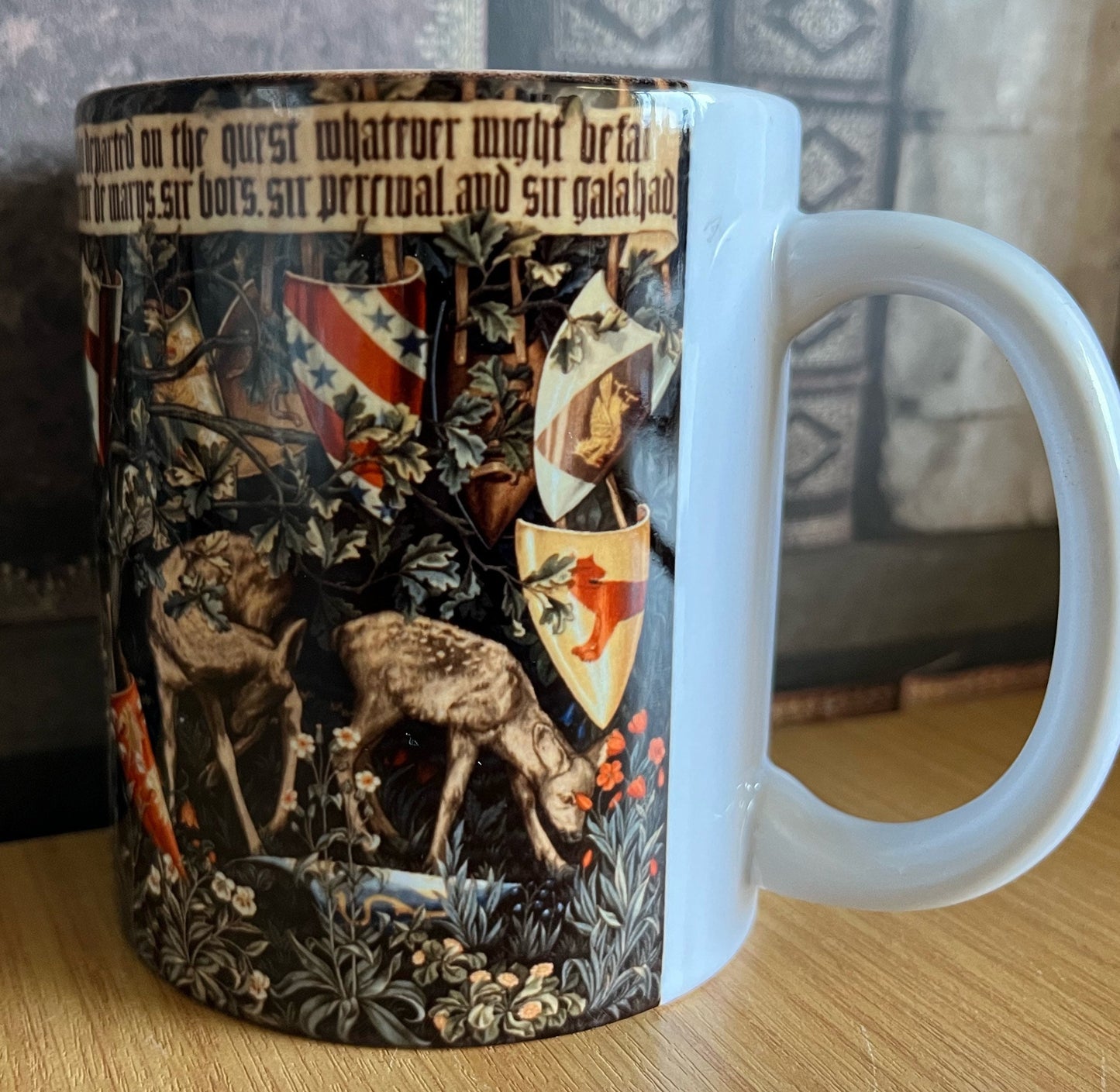 Quest for the Holy Grail Mug - (verdure with deer and shields tapestry by William Morris)