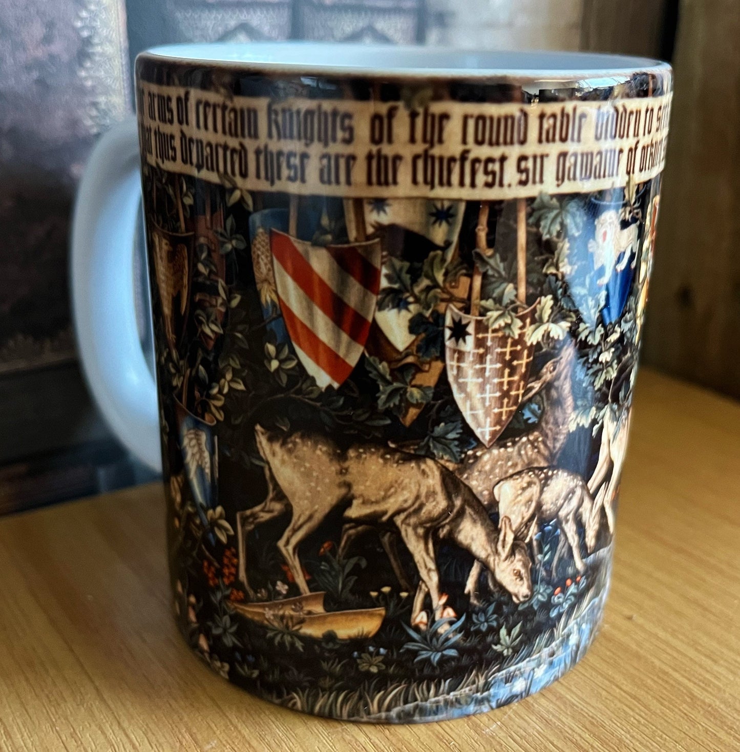 Quest for the Holy Grail Mug - (verdure with deer and shields tapestry by William Morris)