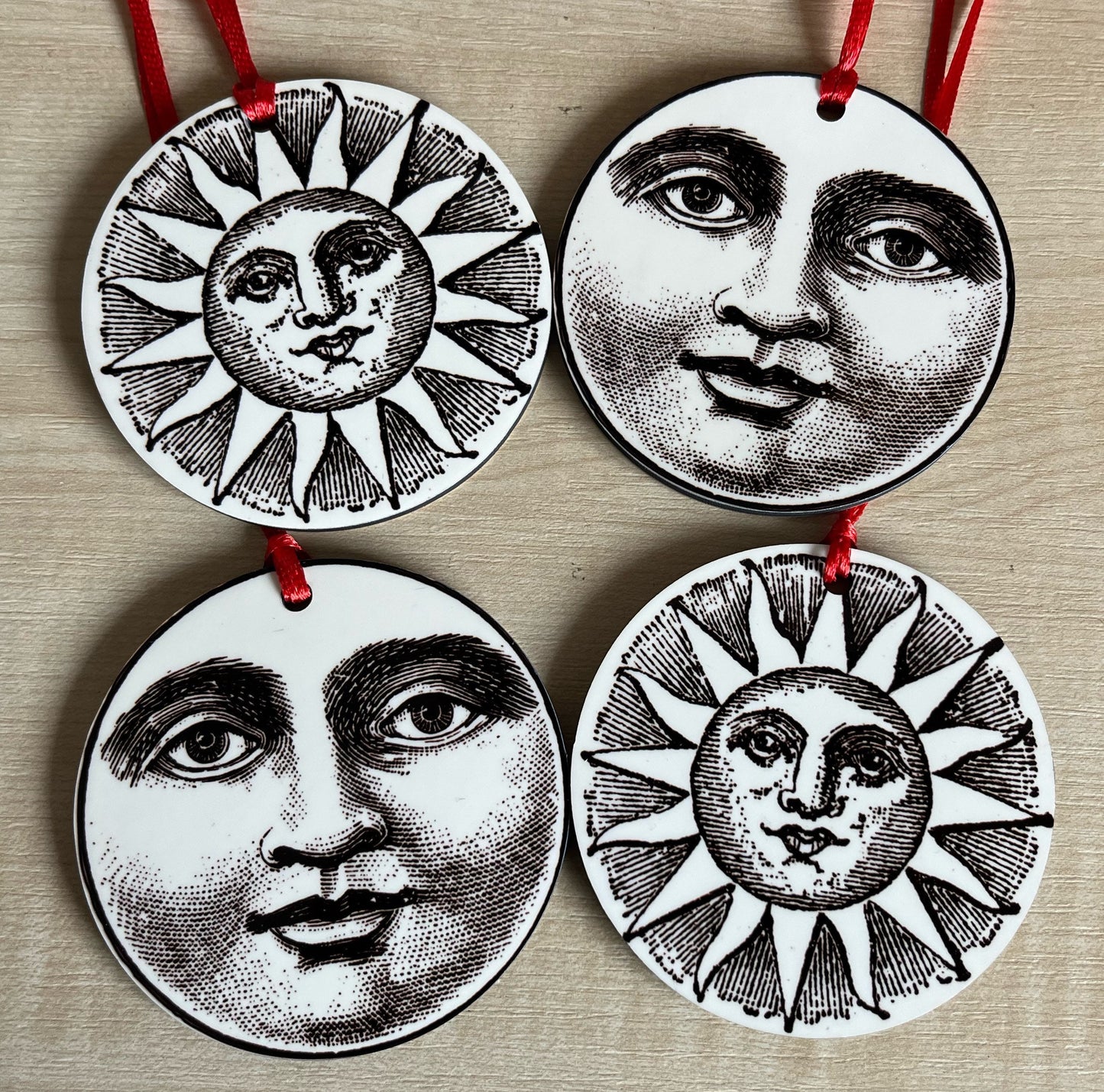 Vintage Sun and Moon Tree Decorations - Double sided