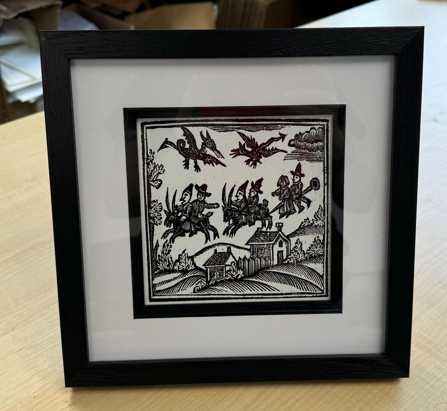 Framed print of Woodcut Witches Riding Goats