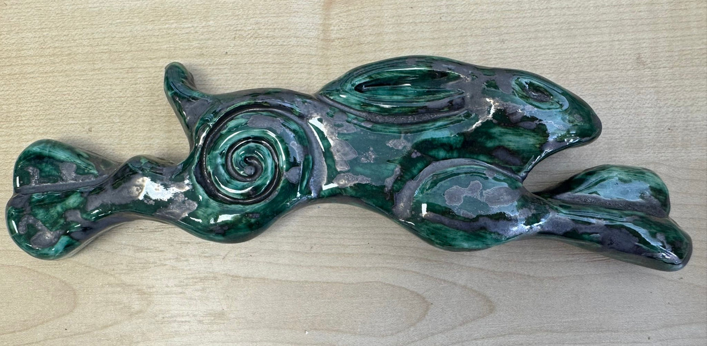 Large Leaping Hare Wall Plaque with Green metallic oxide glaze