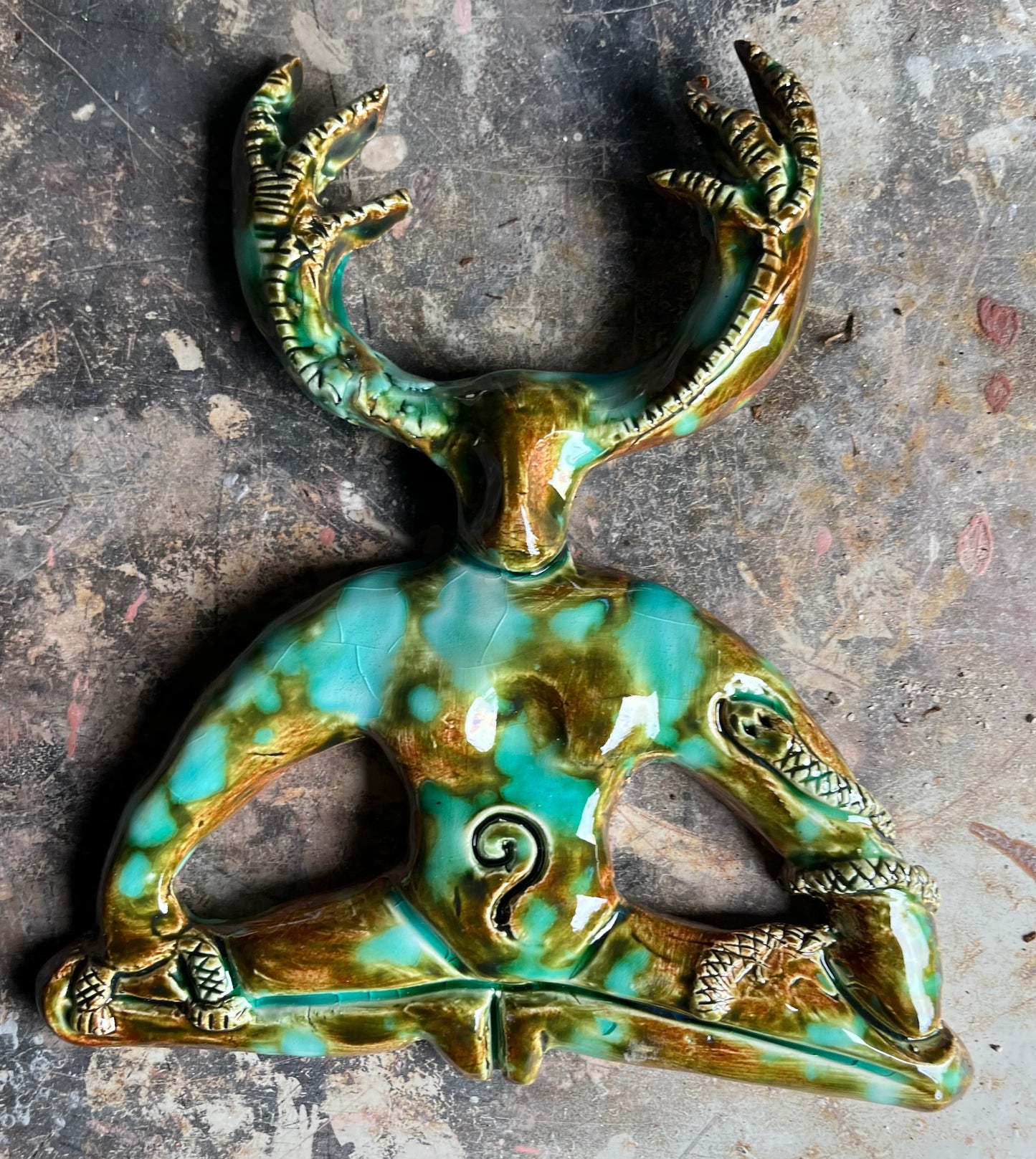 Horned God Wall Plaque -forest glaze imperfect