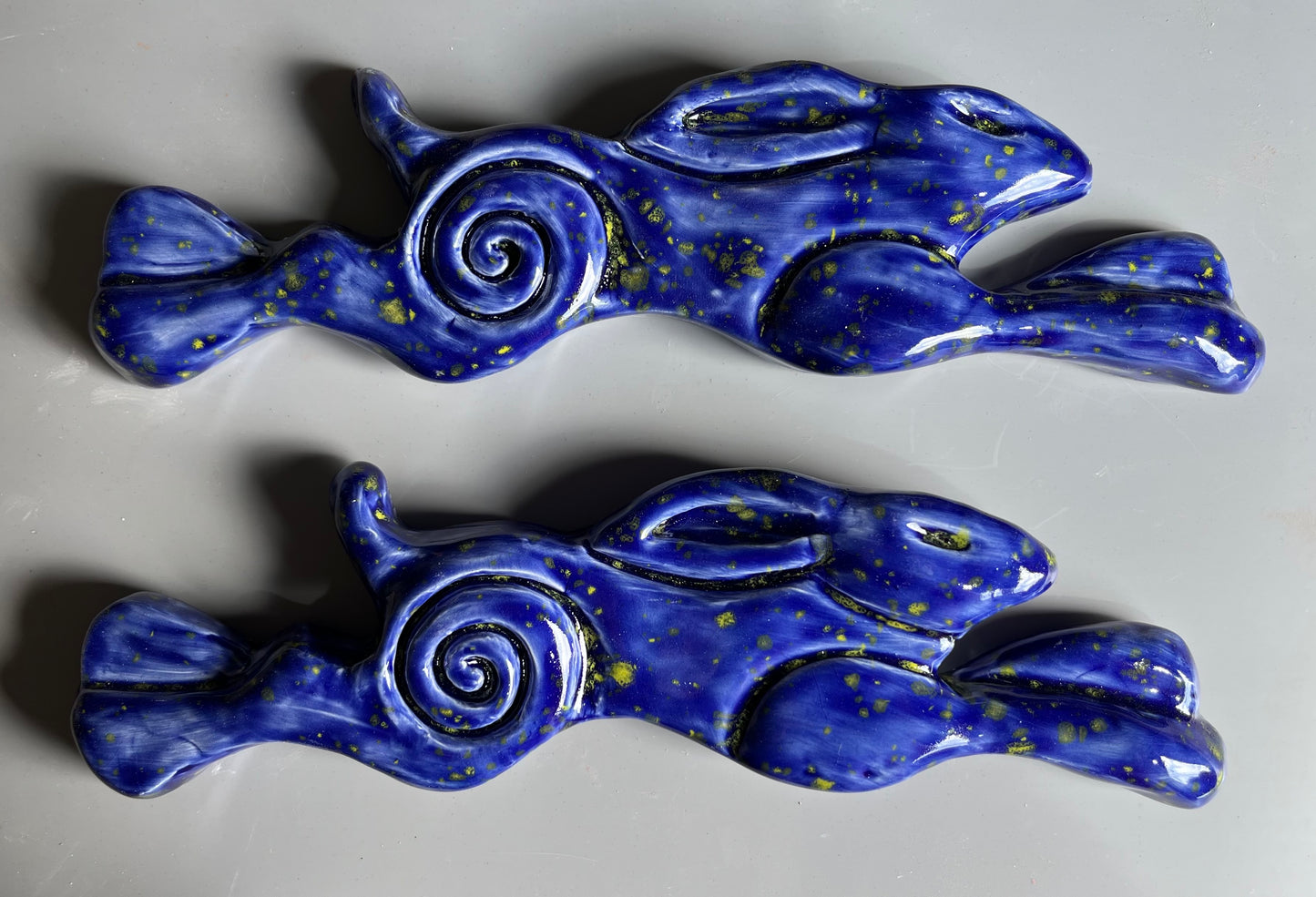 Large Leaping Hare Wall Plaque with blue starry glaze