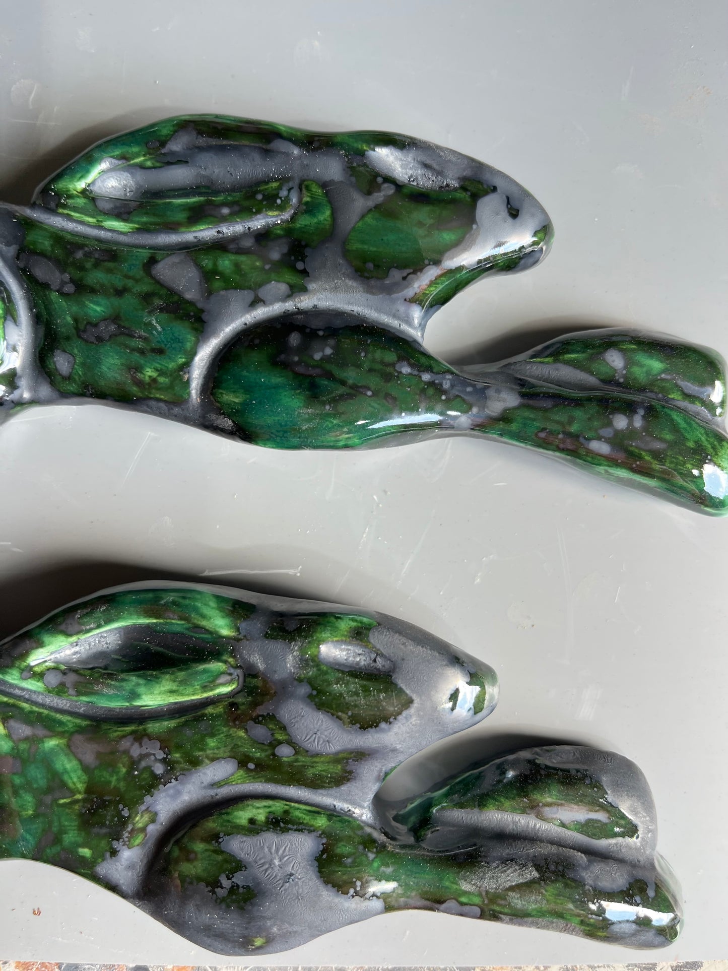 Large Leaping Hare Wall Plaque with Green metallic oxide glaze