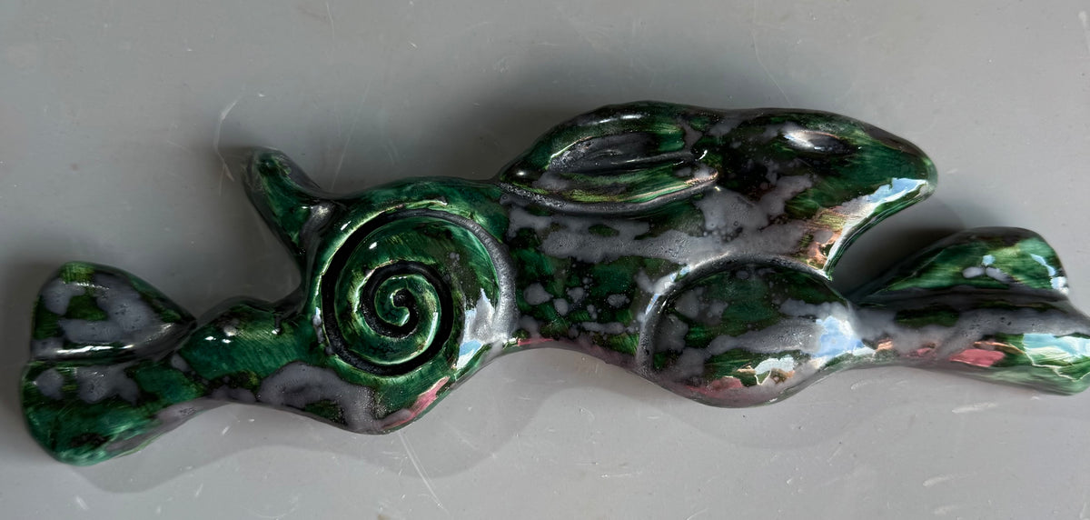 Large Leaping Hare Wall Plaque with Green metallic oxide glaze