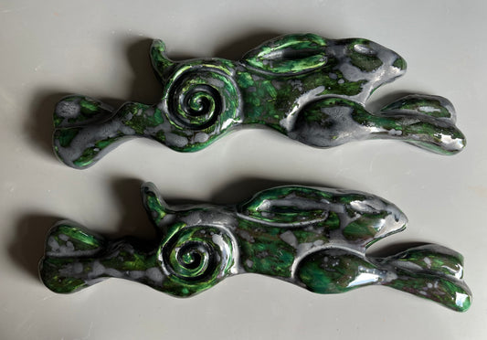 Large Leaping Hare Wall Plaque with Green metallic oxide glaze