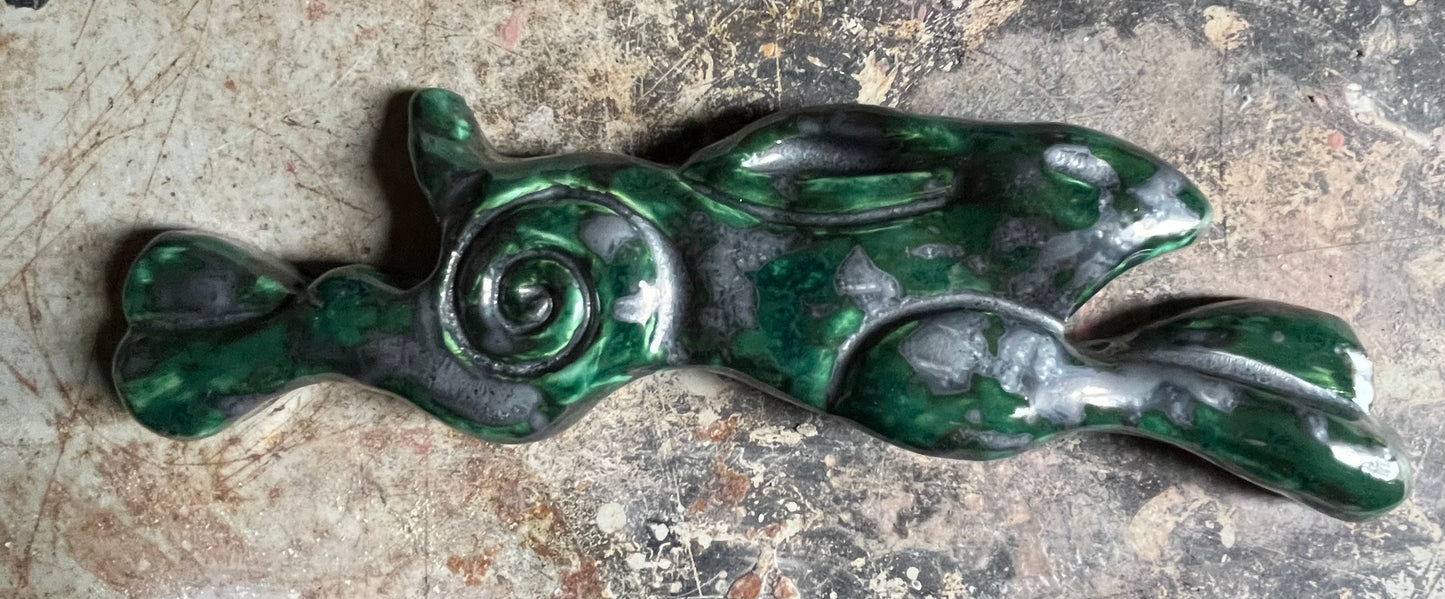Large Leaping Hare Wall Plaque with Green metallic oxide glaze