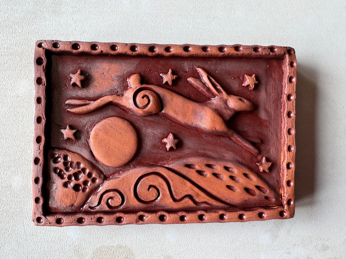 Terracotta Leaping Hare Wall Plaque with oxides