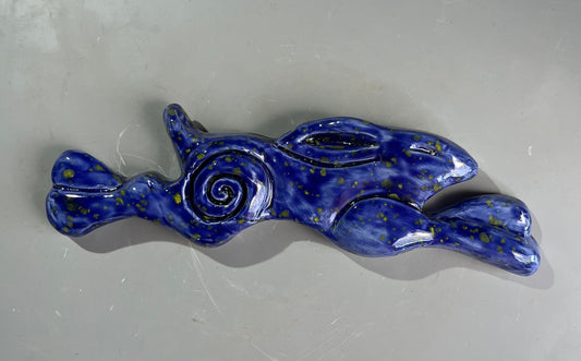 Large Leaping Hare Wall Plaque with blue starry glaze