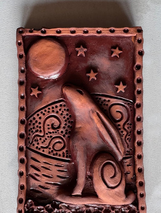 (Slight second) Terracotta Moon Gazing Hare Wall Plaque with oxides (Copy)