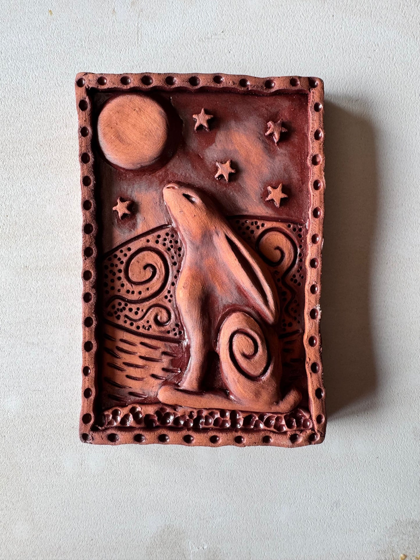 Terracotta Moon Gazing Hare Wall Plaque with oxides