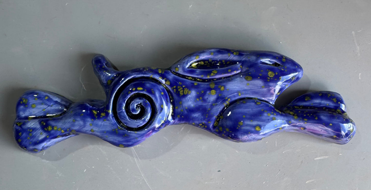 Large Leaping Hare Wall Plaque with blue starry glaze