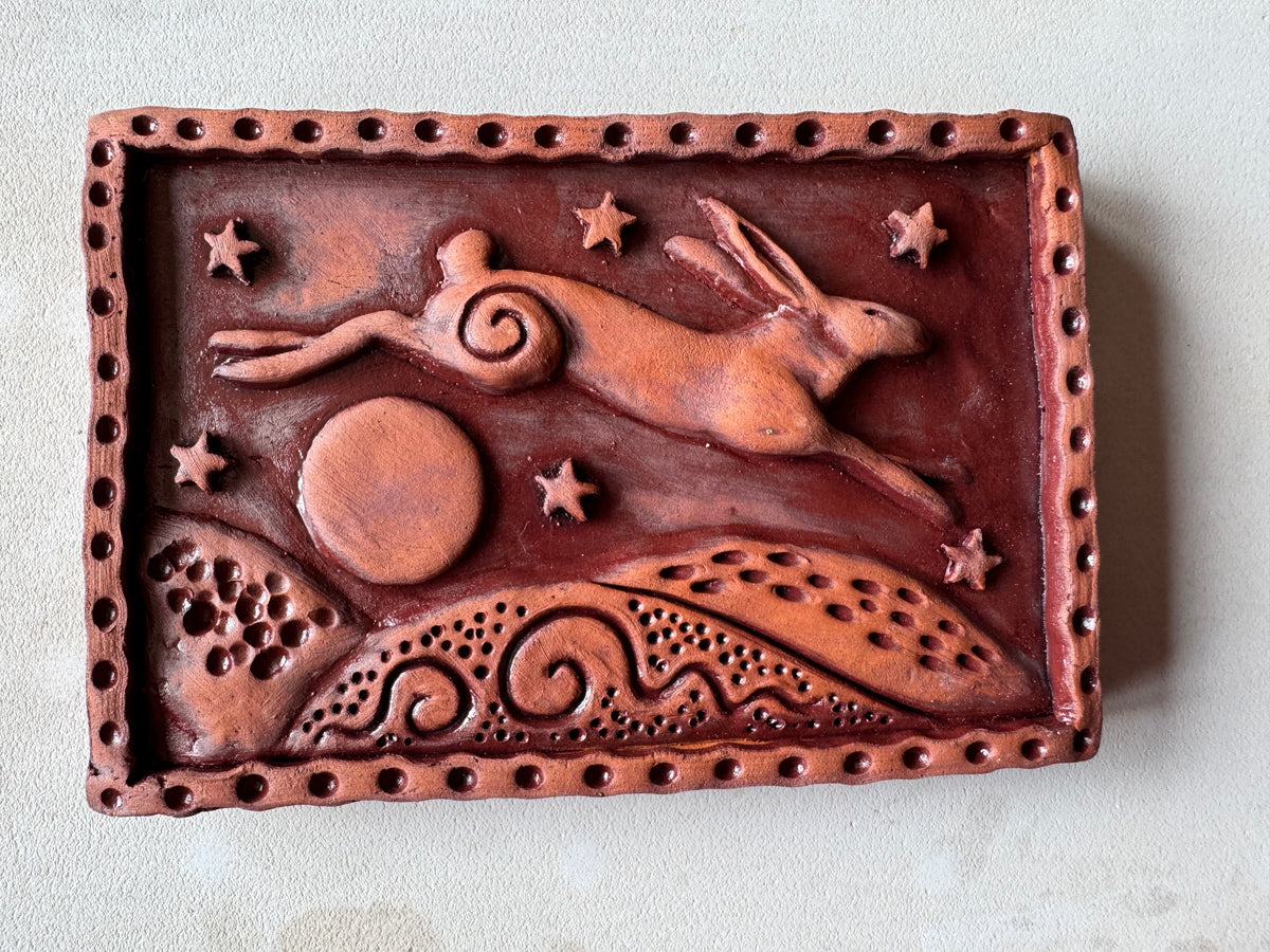 Terracotta Leaping Hare Wall Plaque with oxides