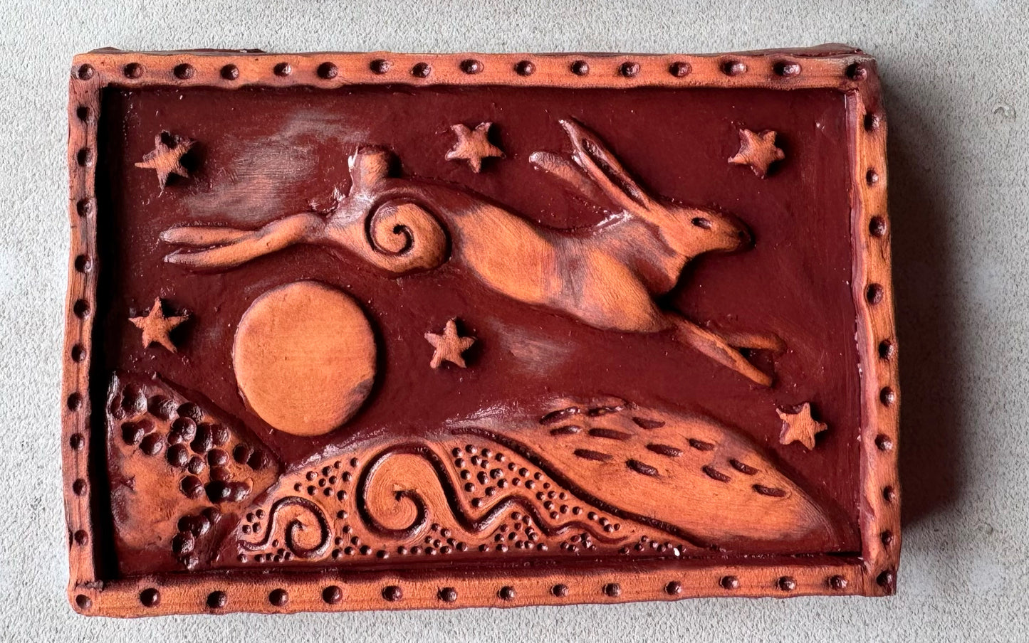Terracotta Leaping Hare Wall Plaque with oxides
