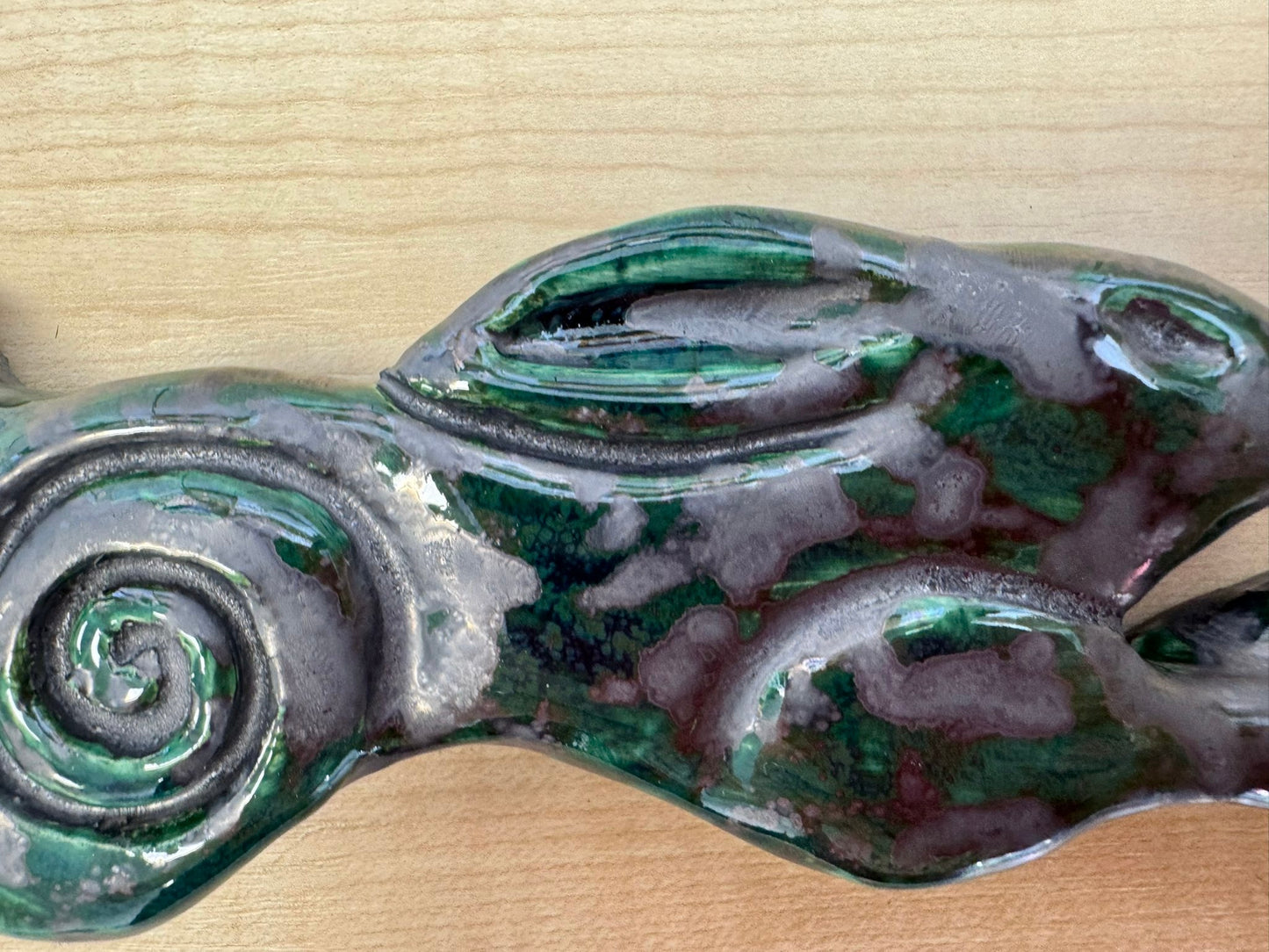 Large Leaping Hare Wall Plaque with Green metallic oxide glaze
