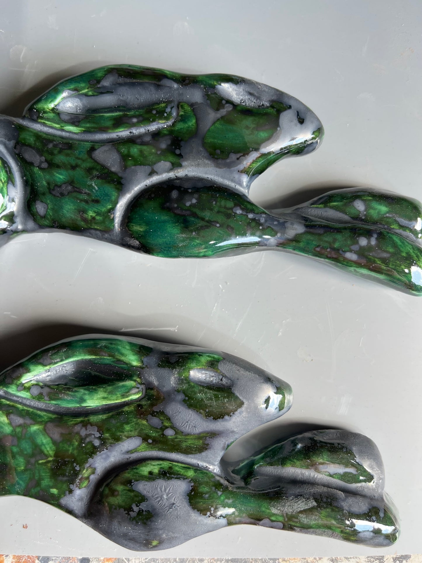 Large Leaping Hare Wall Plaque with Green metallic oxide glaze