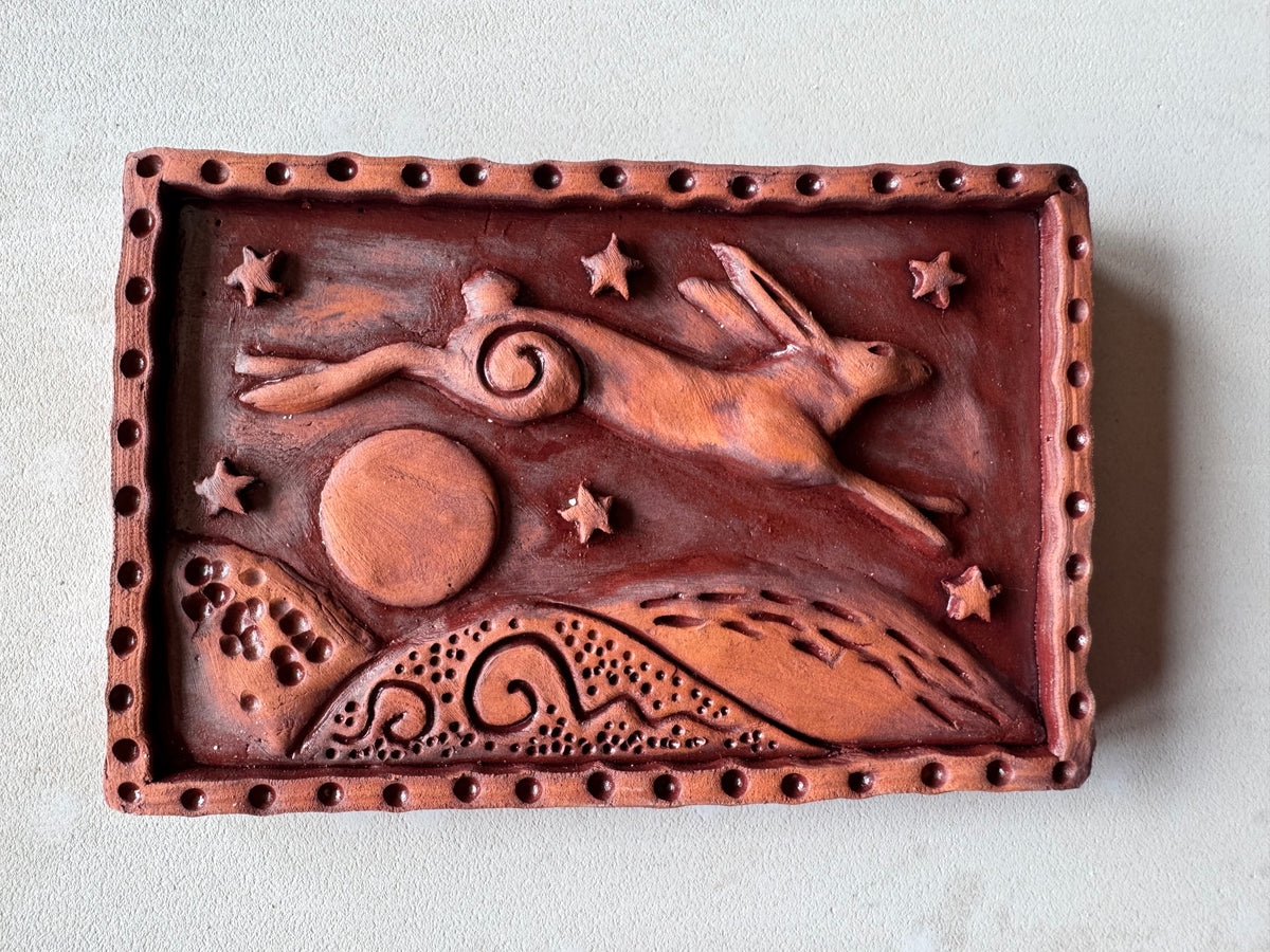 Terracotta Leaping Hare Wall Plaque with oxides