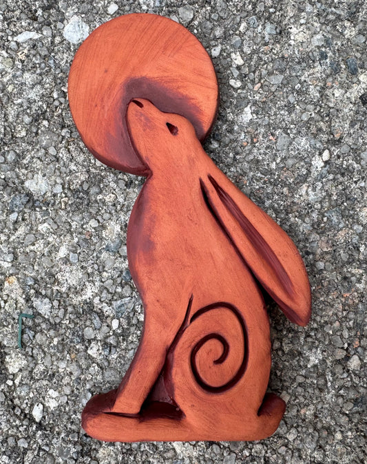 Terracotta Moon Gazing Hare Wall Plaque with oxides