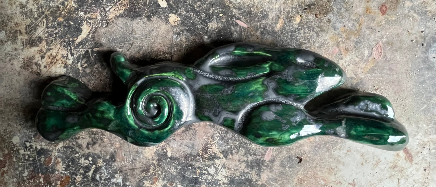Large Leaping Hare Wall Plaque with Green metallic oxide glaze