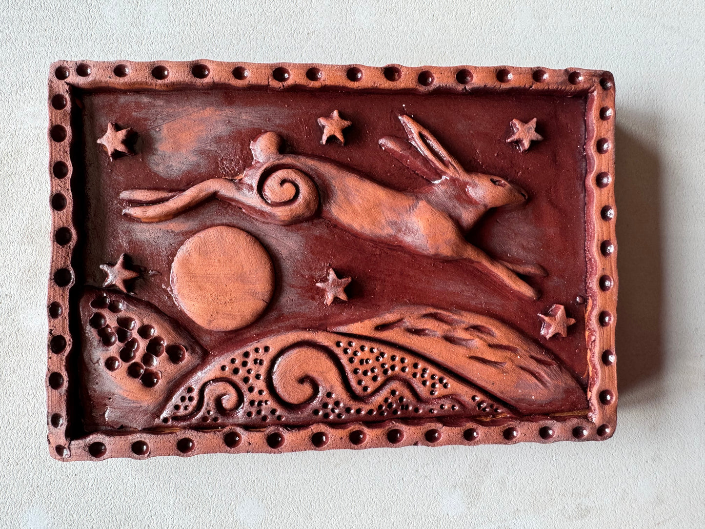 Terracotta Leaping Hare Wall Plaque with oxides