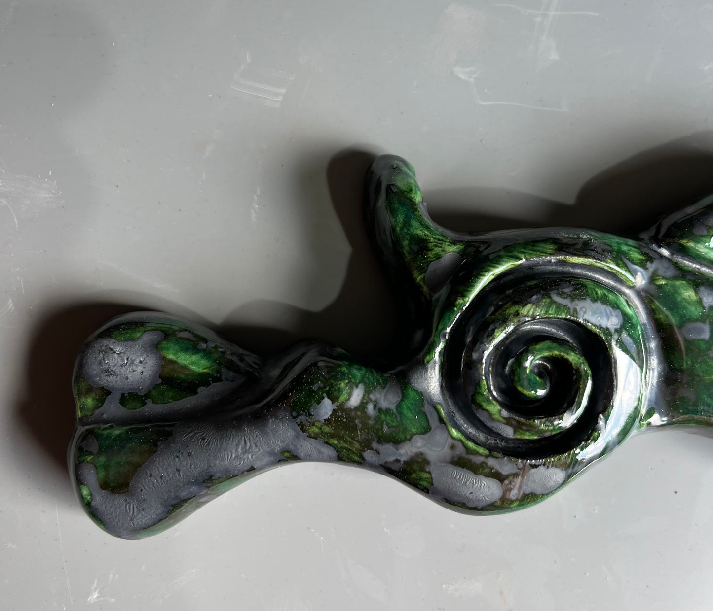 Large Leaping Hare Wall Plaque with Green metallic oxide glaze