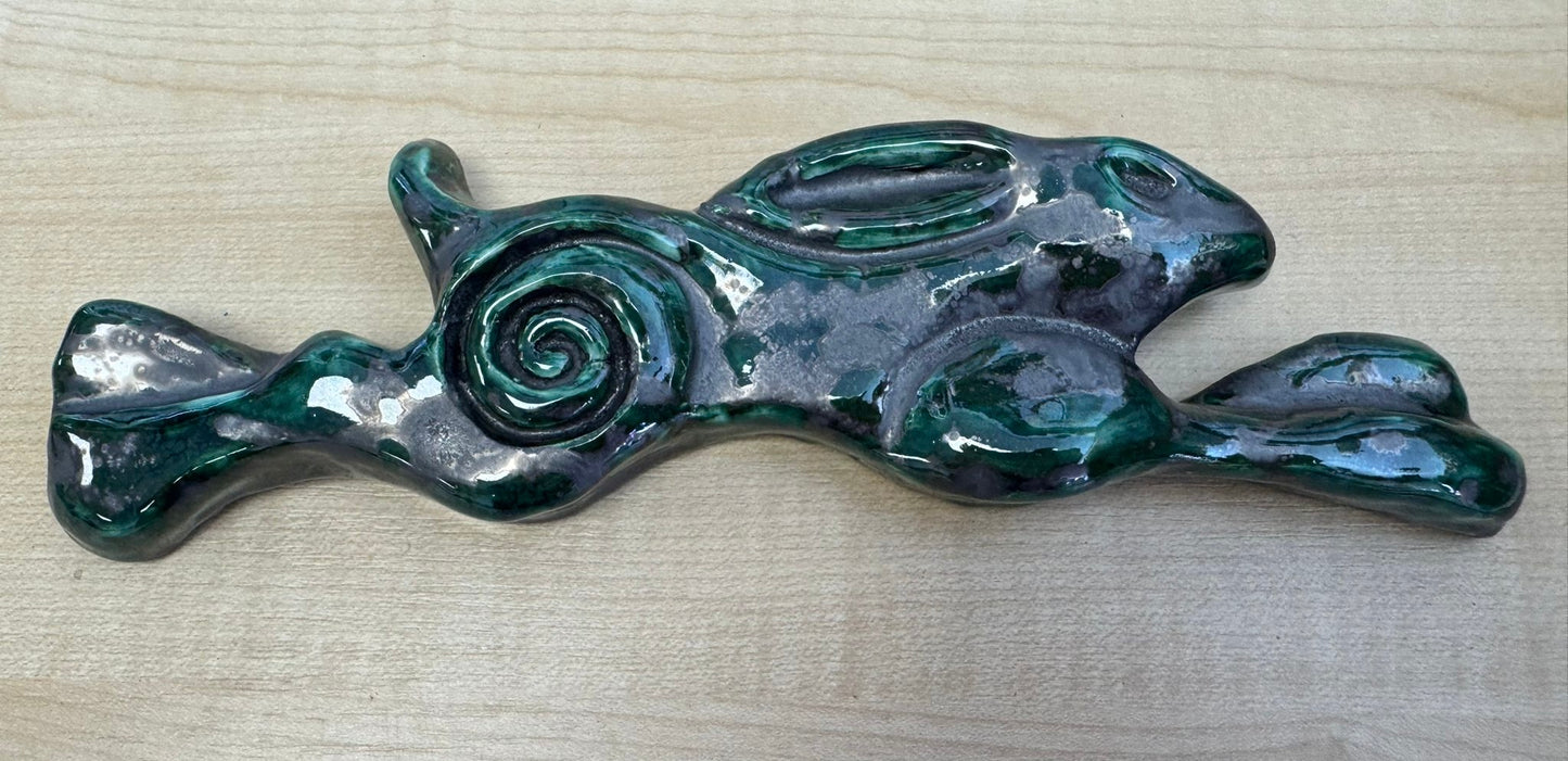 Large Leaping Hare Wall Plaque with Green metallic oxide glaze