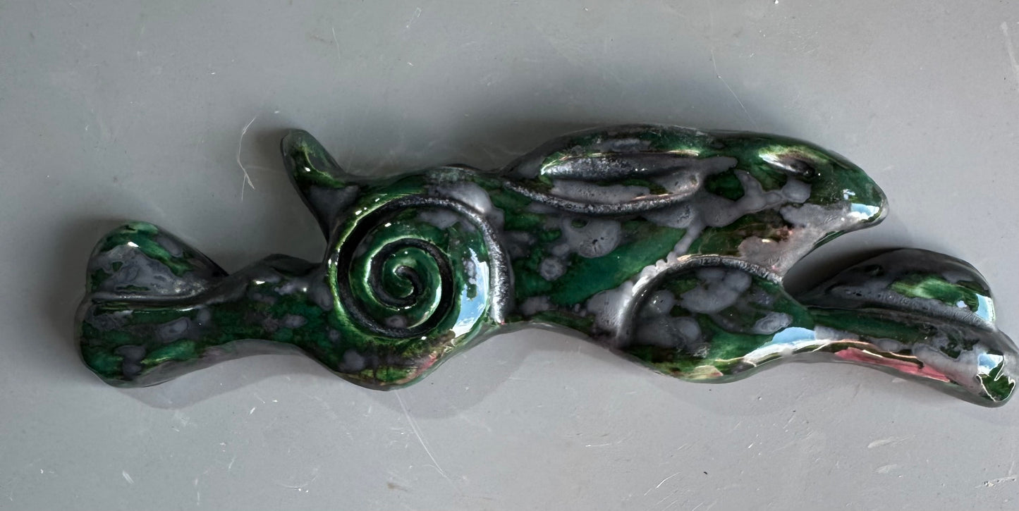 Large Leaping Hare Wall Plaque with Green metallic oxide glaze