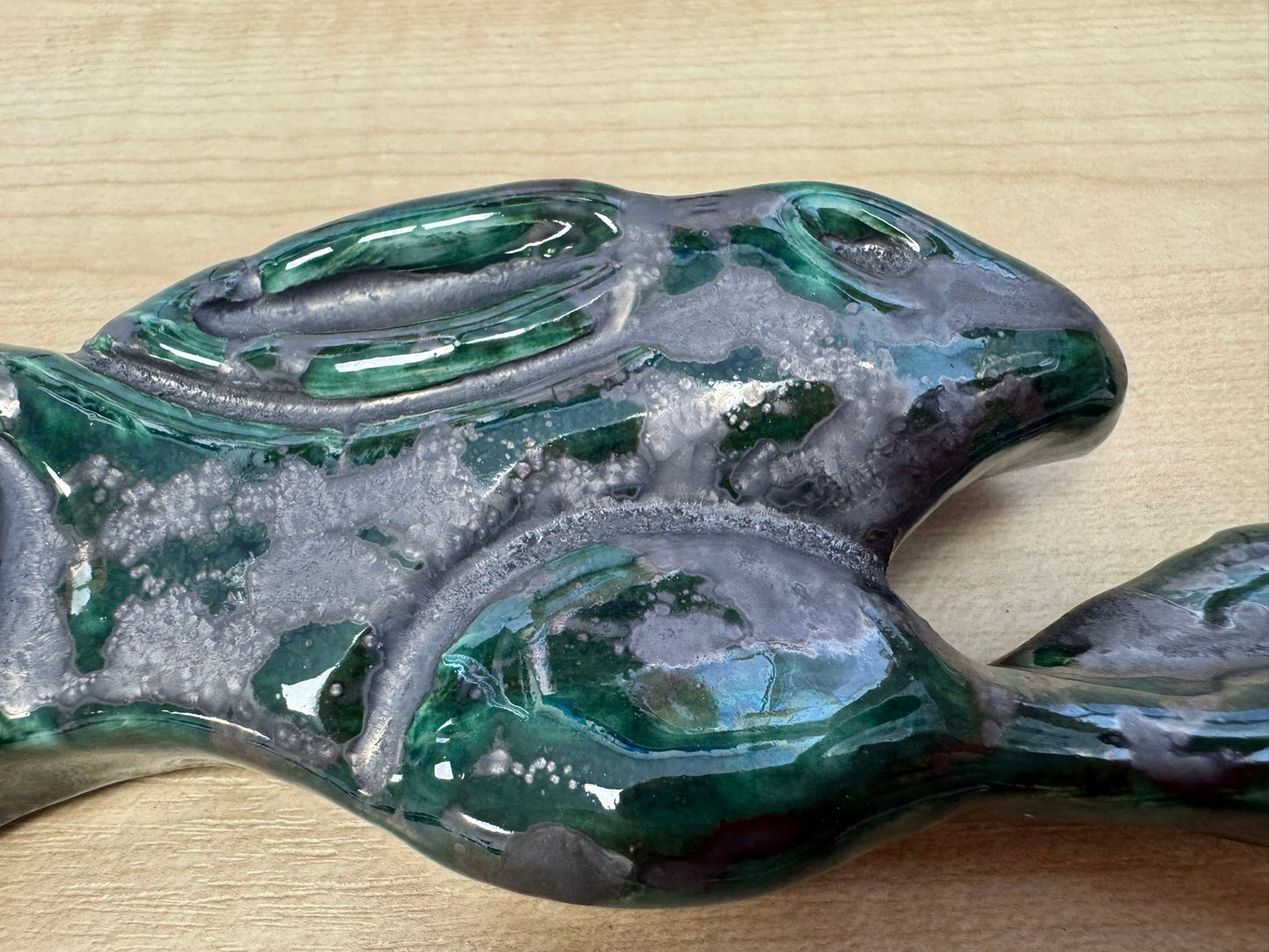 Large Leaping Hare Wall Plaque with Green metallic oxide glaze