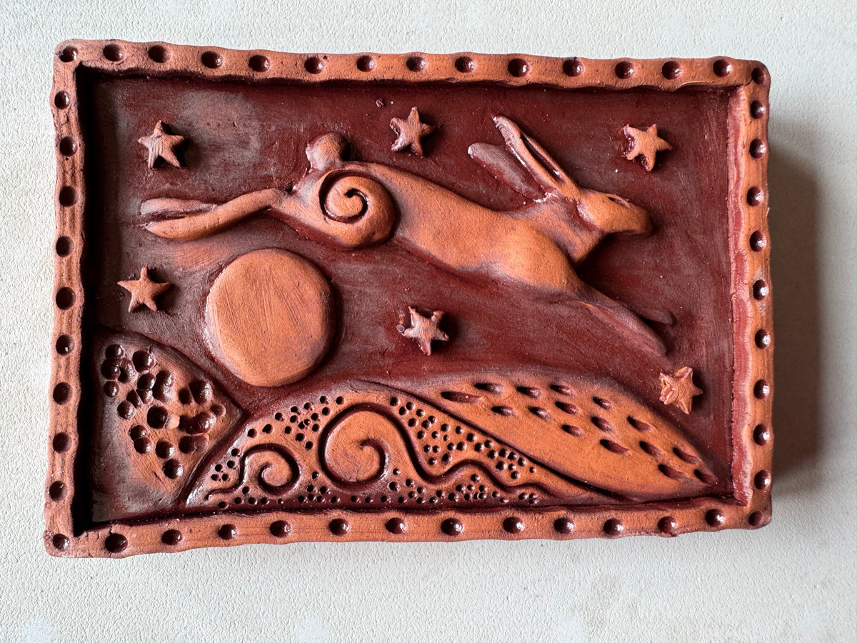 Terracotta Leaping Hare Wall Plaque with oxides