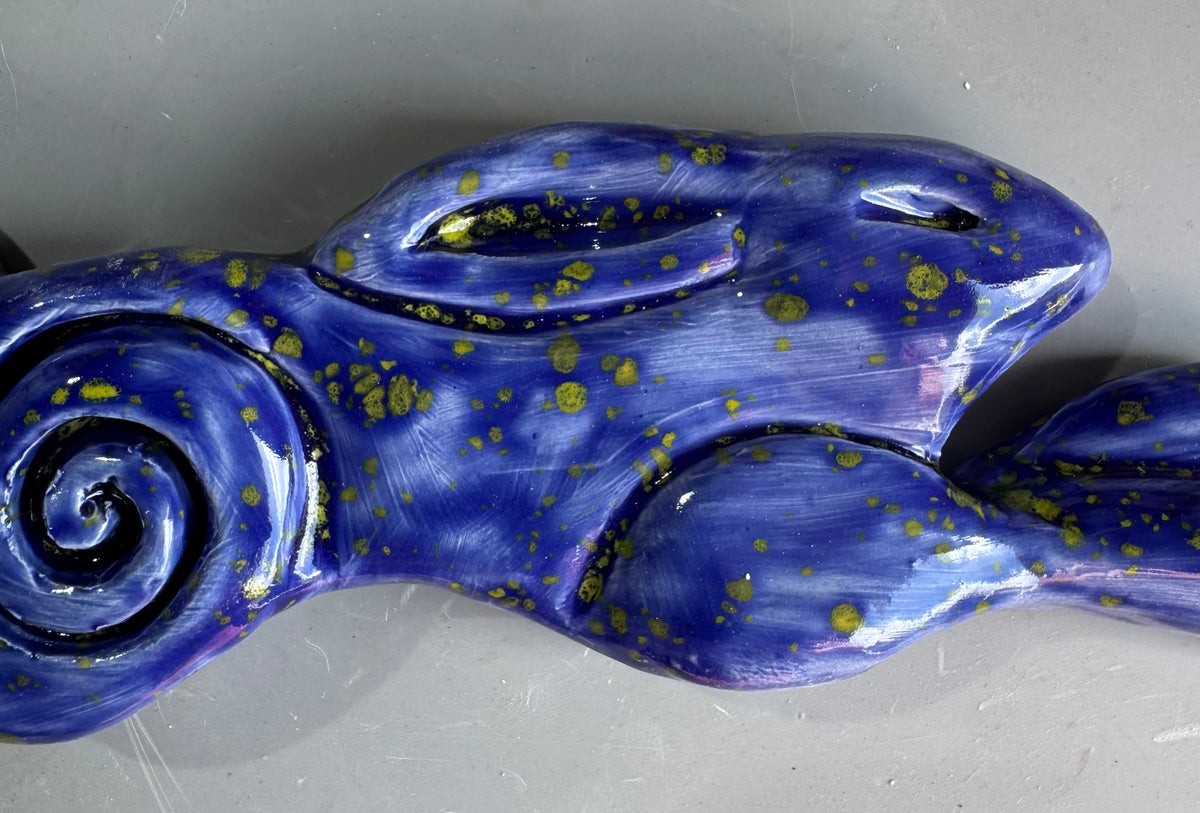 Large Leaping Hare Wall Plaque with blue starry glaze