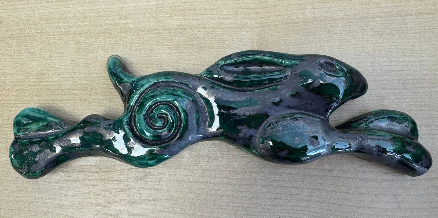 Large Leaping Hare Wall Plaque with Green metallic oxide glaze