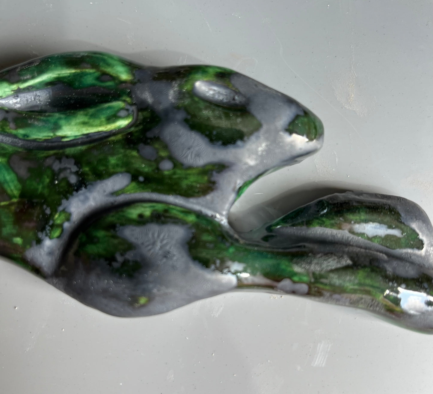 Large Leaping Hare Wall Plaque with Green metallic oxide glaze