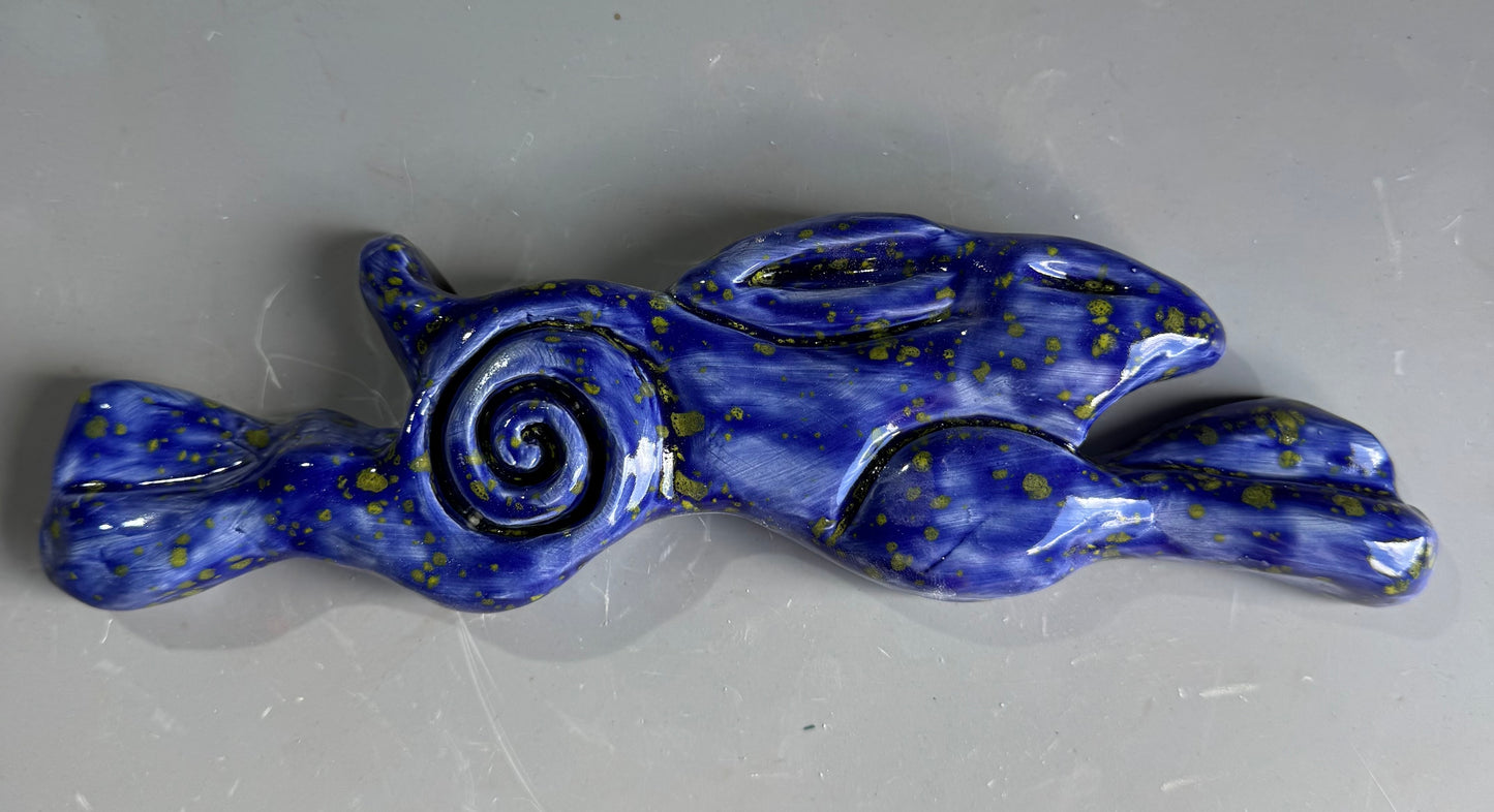 Large Leaping Hare Wall Plaque with blue starry glaze