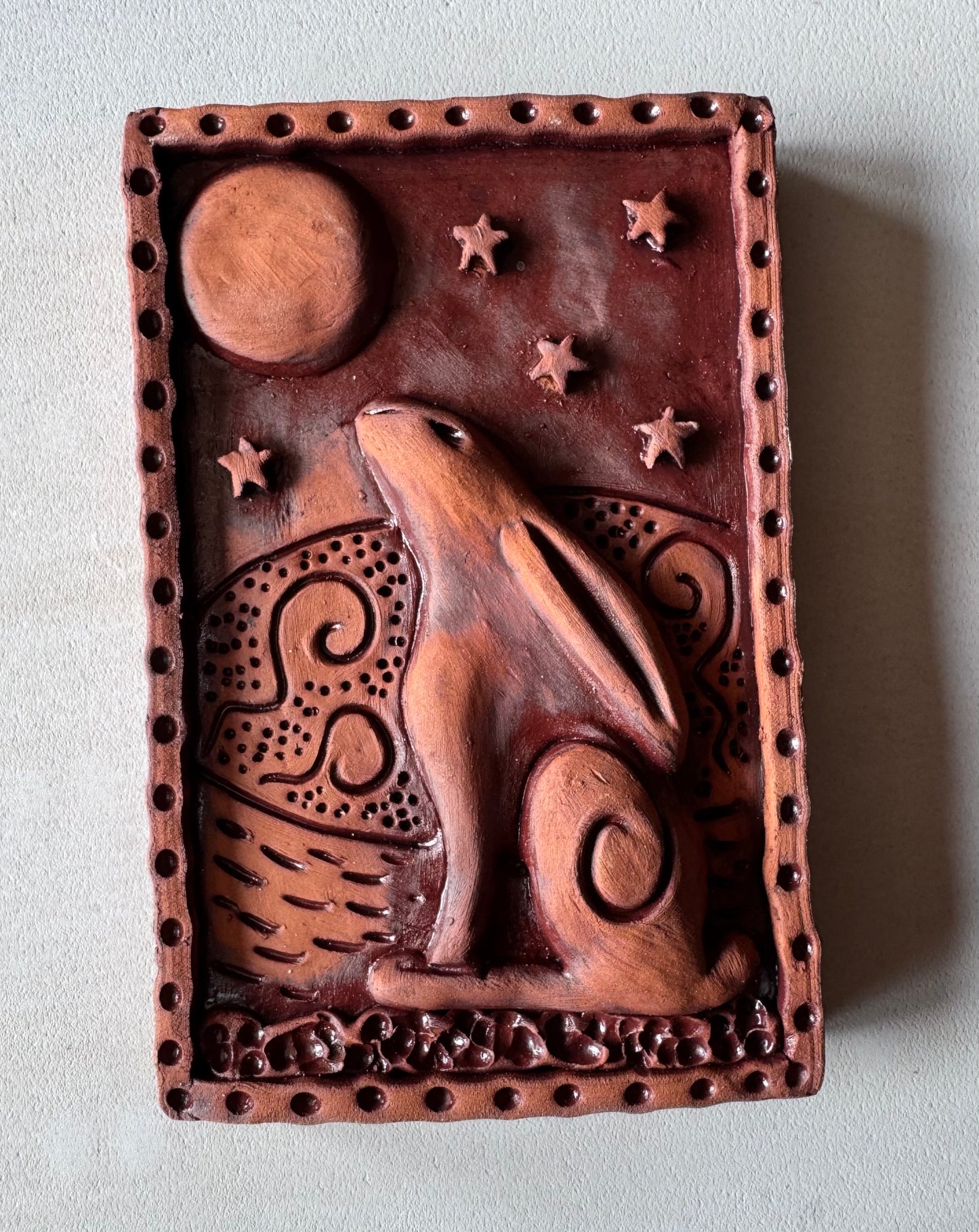 Terracotta Moon Gazing Hare Wall Plaque with oxides