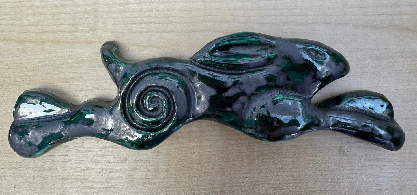 Large Leaping Hare Wall Plaque with Green metallic oxide glaze
