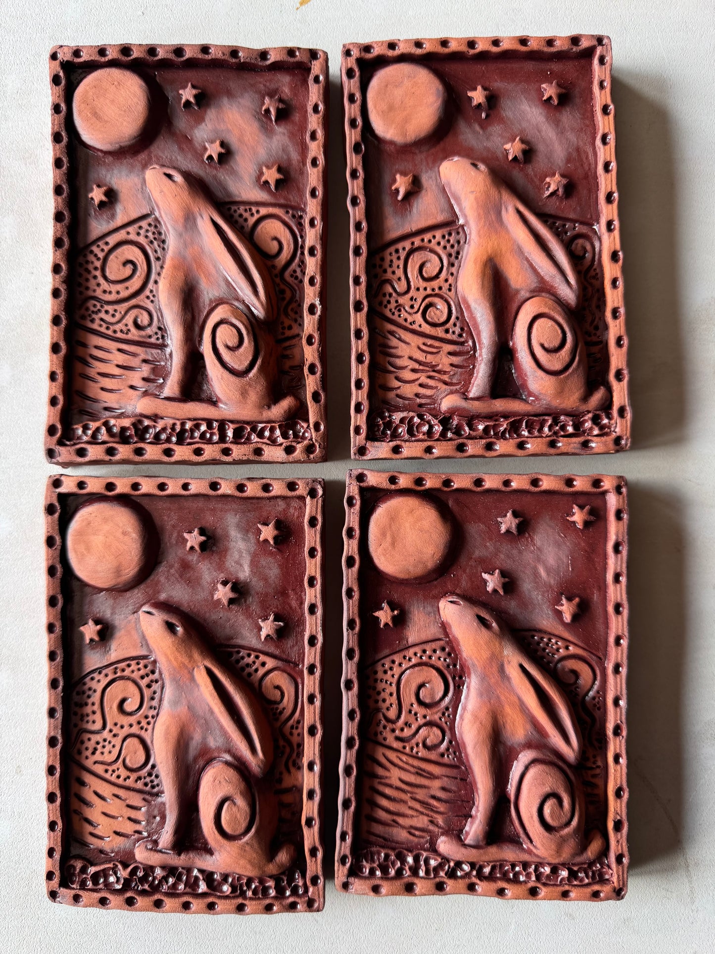 Terracotta Moon Gazing Hare Wall Plaque with oxides