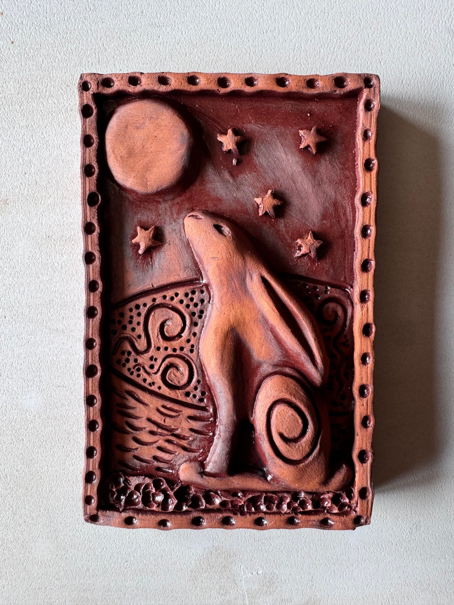 Terracotta Moon Gazing Hare Wall Plaque with oxides