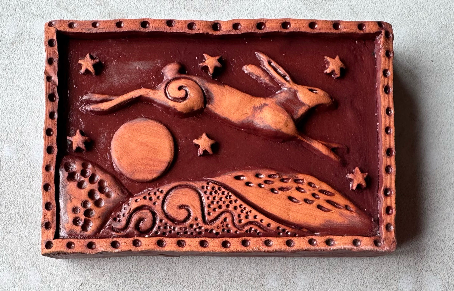 Terracotta Leaping Hare Wall Plaque with oxides