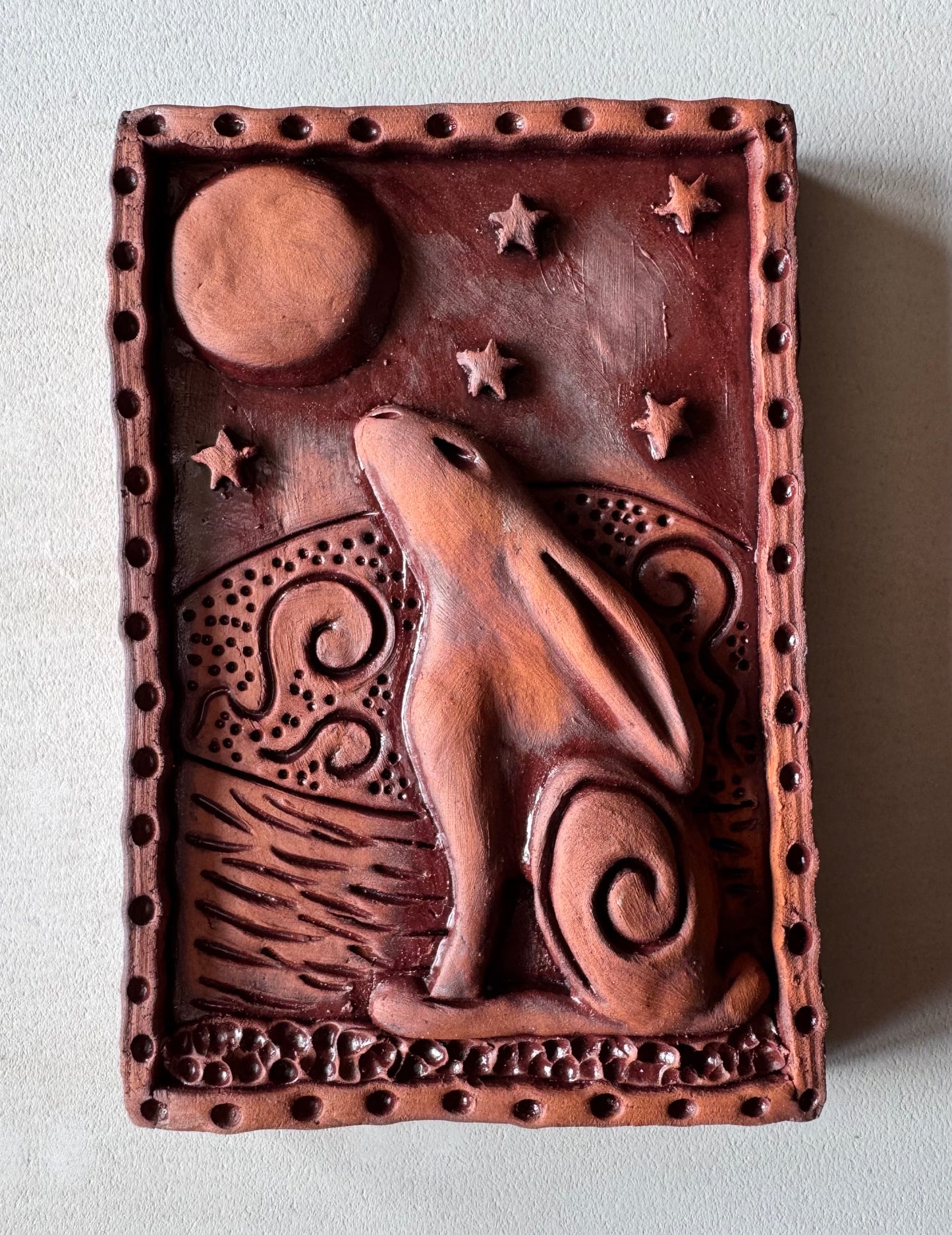 Terracotta Moon Gazing Hare Wall Plaque with oxides