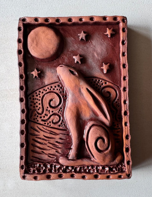 Terracotta Moon Gazing Hare Wall Plaque with oxides
