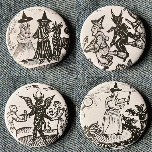 Woodcut Witches Button Badges 32mm - Choose from 4 designs