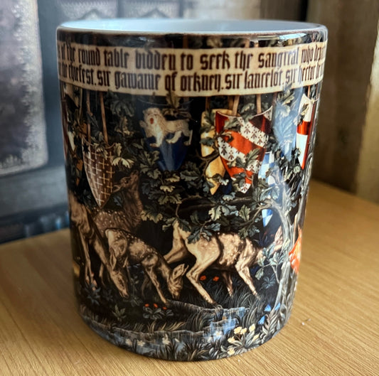 Quest for the Holy Grail Mug - (verdure with deer and shields tapestry by William Morris)