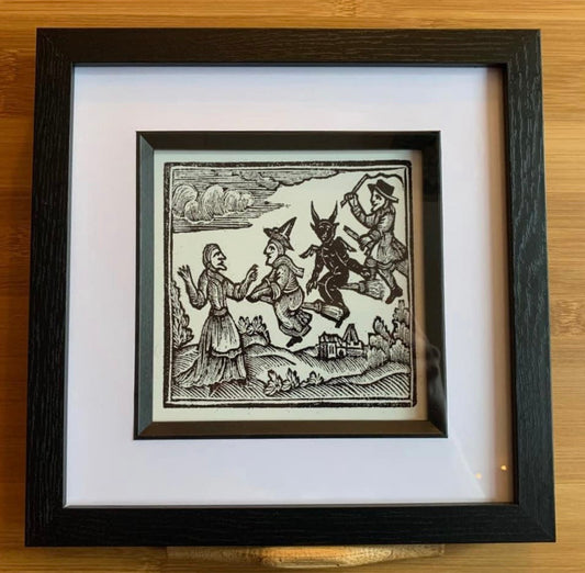 Framed print of Woodcut Witches and Devil on Broomstick