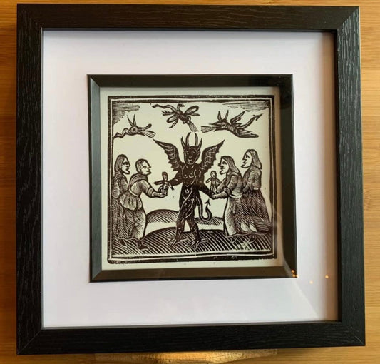 Framed print of Woodcut Witches Making Offerings to the Devil