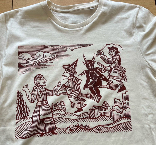 LADIES T Shirt - Witches on Broom (choose from Black or Brown on Natural)